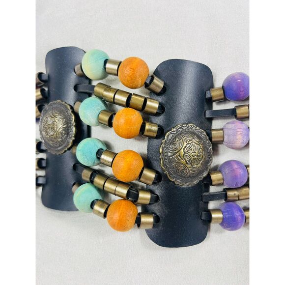 1980's Concho Leather Beaded Wide Belt Medium Chain - Picture 2 of 7